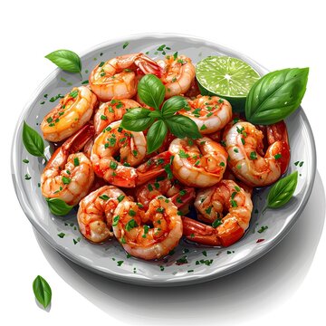 Grilled Fresh Spicy Prawns Shrimps Lime, White Background, Illustrations Images