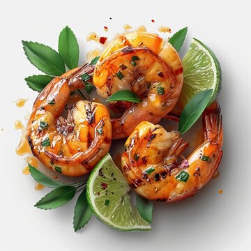 Grilled Fresh Spicy Prawns Shrimps Lime, White Background, Illustrations Images