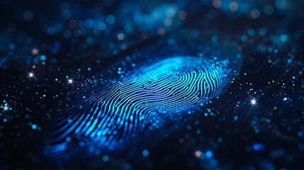 Blue fingerprint scan icon on virtual screen while finger scanning for security access with biometrics identification on dark