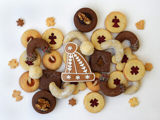 Various kinds of Christmas cookies, white background