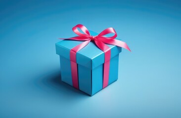 Obraz premium Presenting gifts, festive celebration concept. Pink ribbon paper box on blue background.