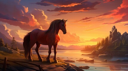 A brown horse standing on top of a sandy beach under a cloudy blue and orange sky with a sunset, Generative Ai
