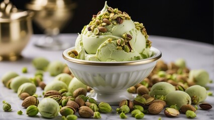 pistachio ice cream with almonds and nuts photo