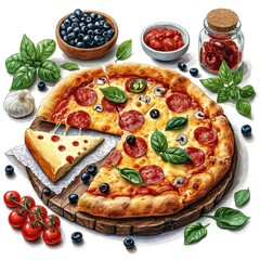 Hot Pizza Different Ingredients, White Background, Illustrations Images