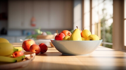 A plate of fruit on a wooden table in a bright kitchen