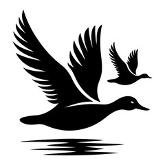 minimal flying duck vector silhouette, black color silhouette