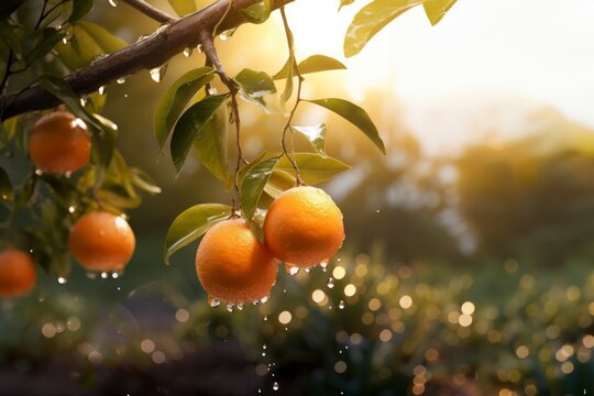 Generated image of a bunch of oranges hanging from a tree, summer morning dew, water droplets