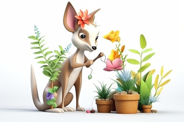 Cute kangaroo 3D character caring for plants