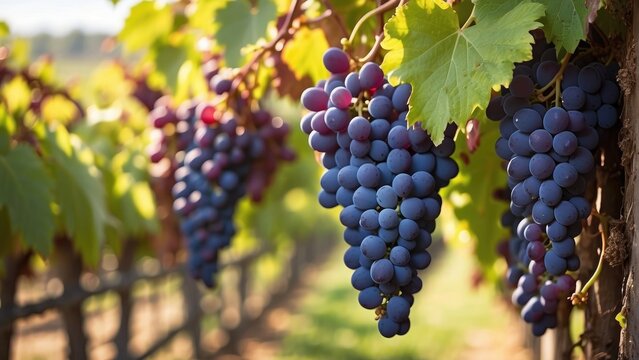 fresh black and green grapes on the grapes tree branch in the grapes field with sunlight background photo 