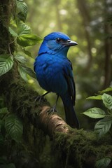 Obraz premium Beautiful black-naped monarch bird on a tree branch with flowers in the jungle background photo
