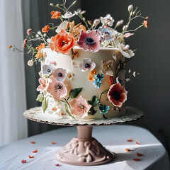 Cake with white chocolate and aesthetic colorful flowers.