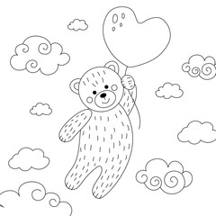 Teddy bear and heart. Illustration for Valentine's day. Linear drawing for coloring. - 706325330