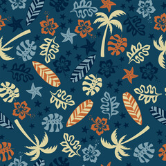 Summer seamless pattern. Palms, flowers, leaves, surfboards and starfish