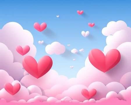 valentine card with hearts and clouds