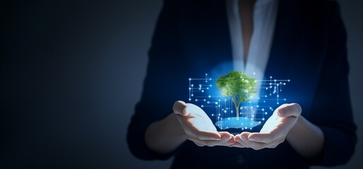Business Professional Holding a Holographic Tree in a Digital Network