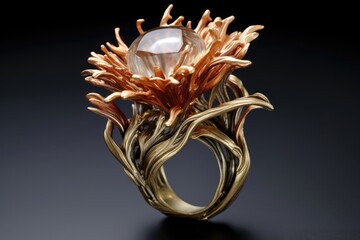 Elegant ring with a crystal centerpiece and copper-toned petals.