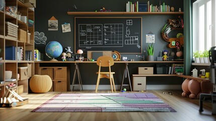 Modern spacious interior with desk, chair, bookshelves, chalkboard, lamps, Earth globe, plants, boxes, toys, rug, and laminate flooring