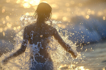 Athletic female figure surrounded by splashes of water with sunlight, concept of variability, freedom, energy, freshness. on white
