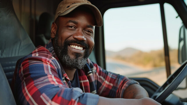 Happy black professional driver getting out of his truck and looking at camera