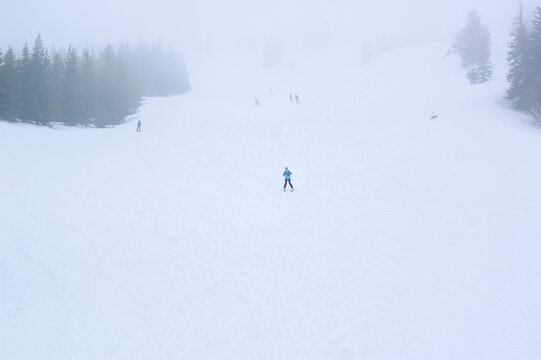 a slope at a ski resort, people skiing, snow pine trees, dense fog