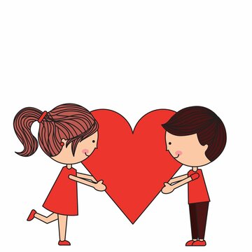 boy and girl cartoon and red heart illustration between them, happy valentines day.