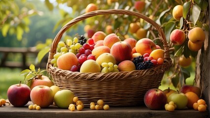various fresh fruits in a basket of the apples fields photo