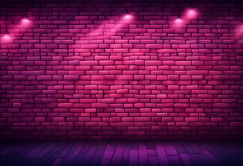 Empty brick wall background, night view, neon light, rays.