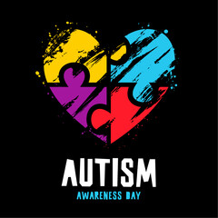 Autism Awareness Day postcard. Multi-colored puzzle of brushstrokes formed into the shape of a large heart.