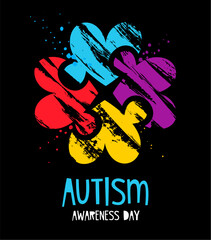 Obraz premium Autism Awareness Day. Cool lettering. Pieces of a colored puzzle in the form of hearts from brush strokes.