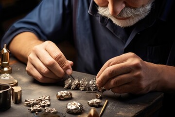 Senior jeweler meticulously working on assembling a piece of jewelry.