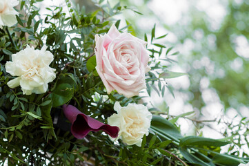 Various white, pink roses, and other flowers in floral arrangement. - 706328157