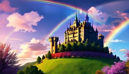 rainbow over castle - obrazy, fototapety, plakaty
