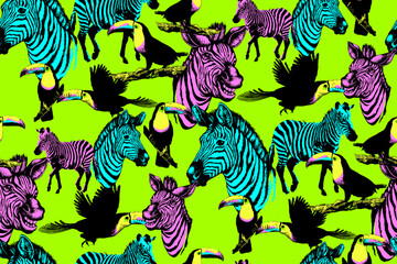 Seamless pattern of toucan and zebra. Suitable for fabric, mural, wrapping paper and the like.