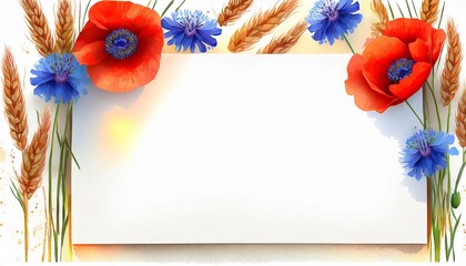 Kwiaty maków, chabrów i kłosy zboża otaczające białą kartkę papieru
