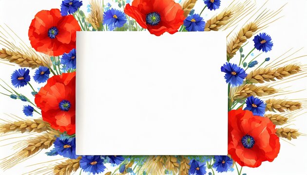 Kwiaty mak&oacute;w, chabr&oacute;w i kłosy zboża otaczające białą kartkę papieru