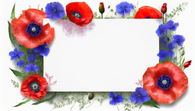 Kwiaty mak&oacute;w i chabr&oacute;w otaczające białą kartkę papieru