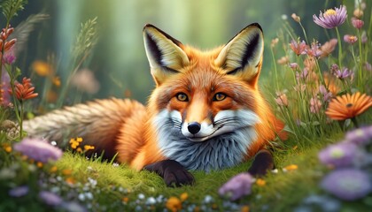 A fox lying on a bed of grass surrounded by herbs and flowers