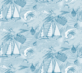 Yacht, suitcase, wave, summer vacation. Seamless pattern. 