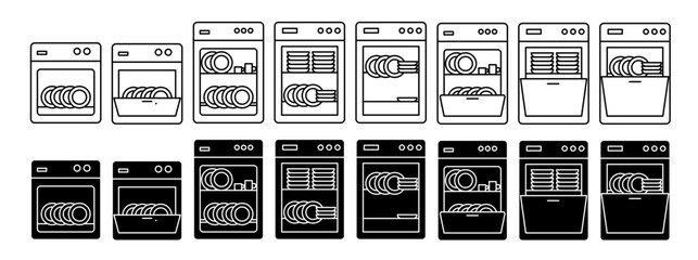 Dishwasher machine safe vector icon set in outlined and solid style. dish wash safe symbol or sign. - obrazy, fototapety, plakaty