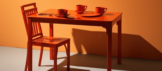 Orange table casting elongated shadow with lunchbox and fork.