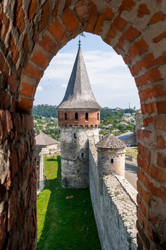 View from the embrasure of a tower at Kamyanets-Podilsky medieval fortress, located in the historic city of Kamianets-Podilskyi, historic region of Podolia, Ukraine.