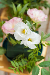 Fototapeta premium Close up of Eustoma russellianum bouquet. Vertical photo orientation.