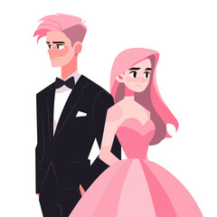 Young woman with pink hair in evening dress with man in suit with bow tie stand their backs to each other. Happy couple, embarrassment, falls in love concept. Wedding, school prom party vector design.
