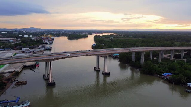 Aerial view of Sri Surat bridge in Surat Thani, Thailand. Si Surat bridge is the crossing bridge of Tapi river.