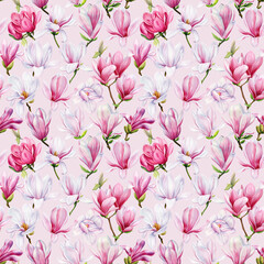 Spring magnolia flowers floral watercolor pink background Seamless pattern. Beautiful magnolia hand drawn illustration