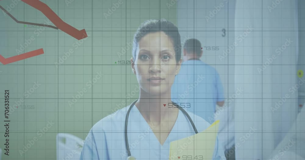 Sticker Animation of data processing over biracial female doctor in hospital