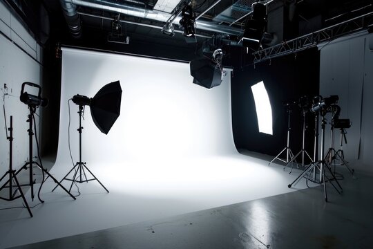 A photo studio featuring various lights and lighting equipment. Ideal for photographers and filmmakers looking to capture professional-looking images and videos