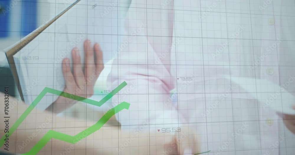 Wall mural Animation of data processing over diverse male and female doctors in hospital