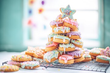 pile of assorted donuts with colorful icing on a rack - obrazy, fototapety, plakaty