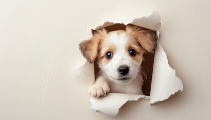 Cute Puppy peeking out of a hole in wall, torn hole, empty copy space frame, mockup